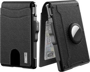 umoven AirTag Wallet for Men - with Pop Up Aluminum Case Money Clip Slim Leather Slots Credit Card Holder RFID Blocking Bifold Minimalist Wallet with Gift Box