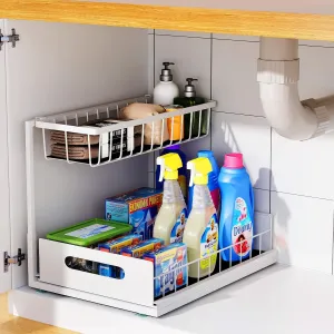 Under Sink Organizer, 2 Tier Under Sink Organizers and Storage Multi-Purpose Under Sink Storage for Bathroom Kitchen (White)