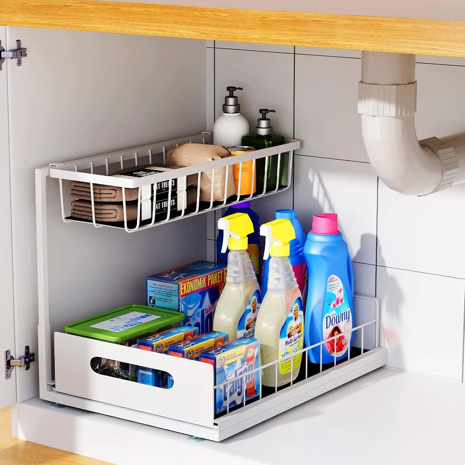 Under Sink Organizer, 2 Tier Under Sink Organizers and Storage Multi-Purpose Under Sink Storage for Bathroom Kitchen (White)