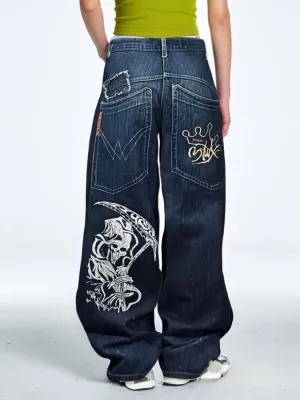 Unisex Y2K Hip Hop Street Jeans Skeleton Print Gothic Baggy Jeans Vintage High Waist Denim Jeans Wide Leg Pants