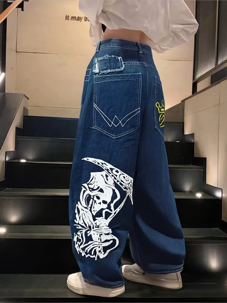 Unisex Y2K Hip Hop Street Jeans Skeleton Print Gothic Baggy Jeans Vintage High Waist Denim Jeans Wide Leg Pants