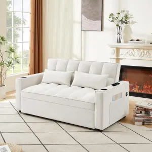 Upholstered 2 Seaters Futon Sofa Loveseat with Adjustable Backrest Convertible Sleeper Couch Bed for Small Space Apartment Office Living Room Velvet Full w/2 Cupholders and USB Port