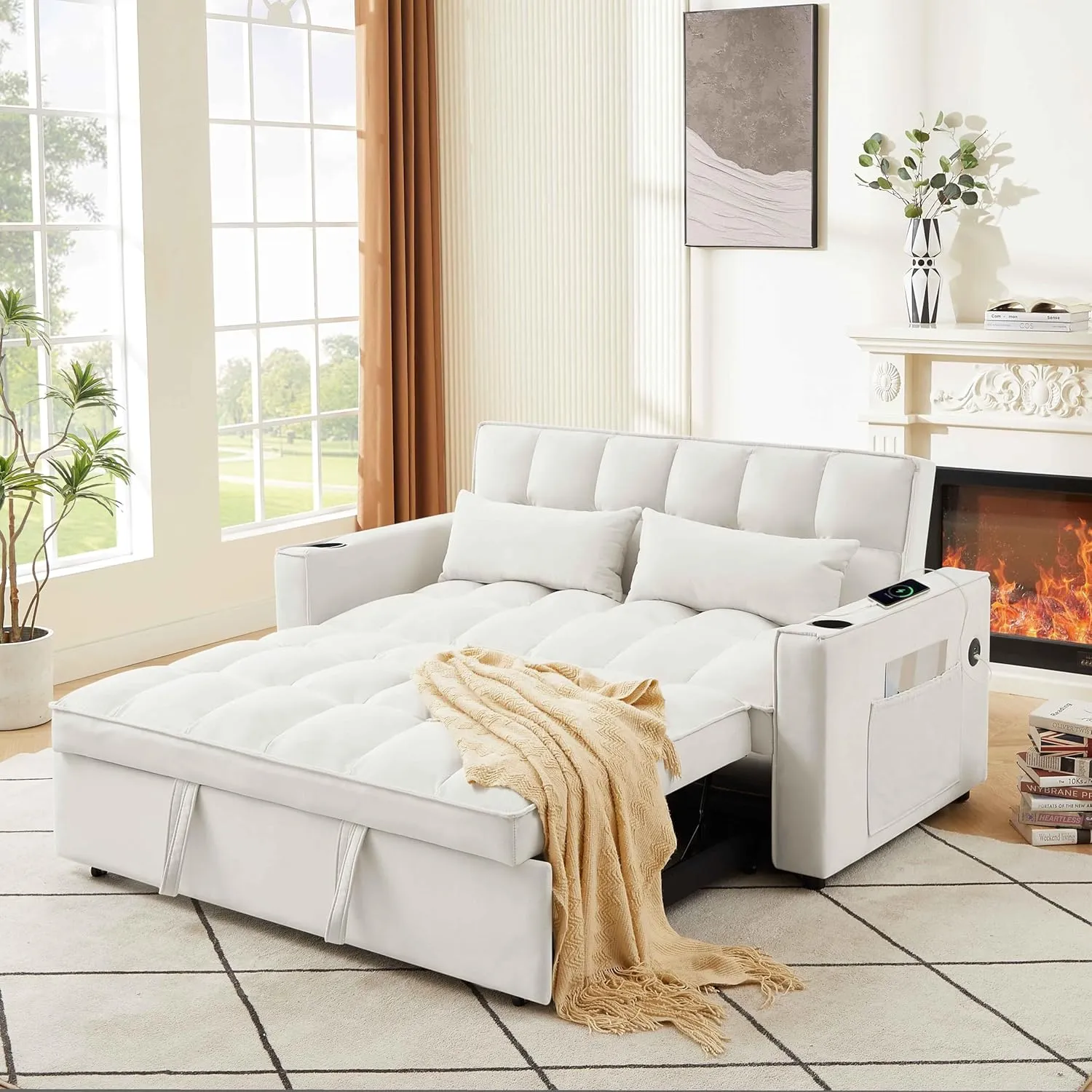 Upholstered 2 Seaters Futon Sofa Loveseat with Adjustable Backrest Convertible Sleeper Couch Bed for Small Space Apartment Office Living Room Velvet Full w/2 Cupholders and USB Port