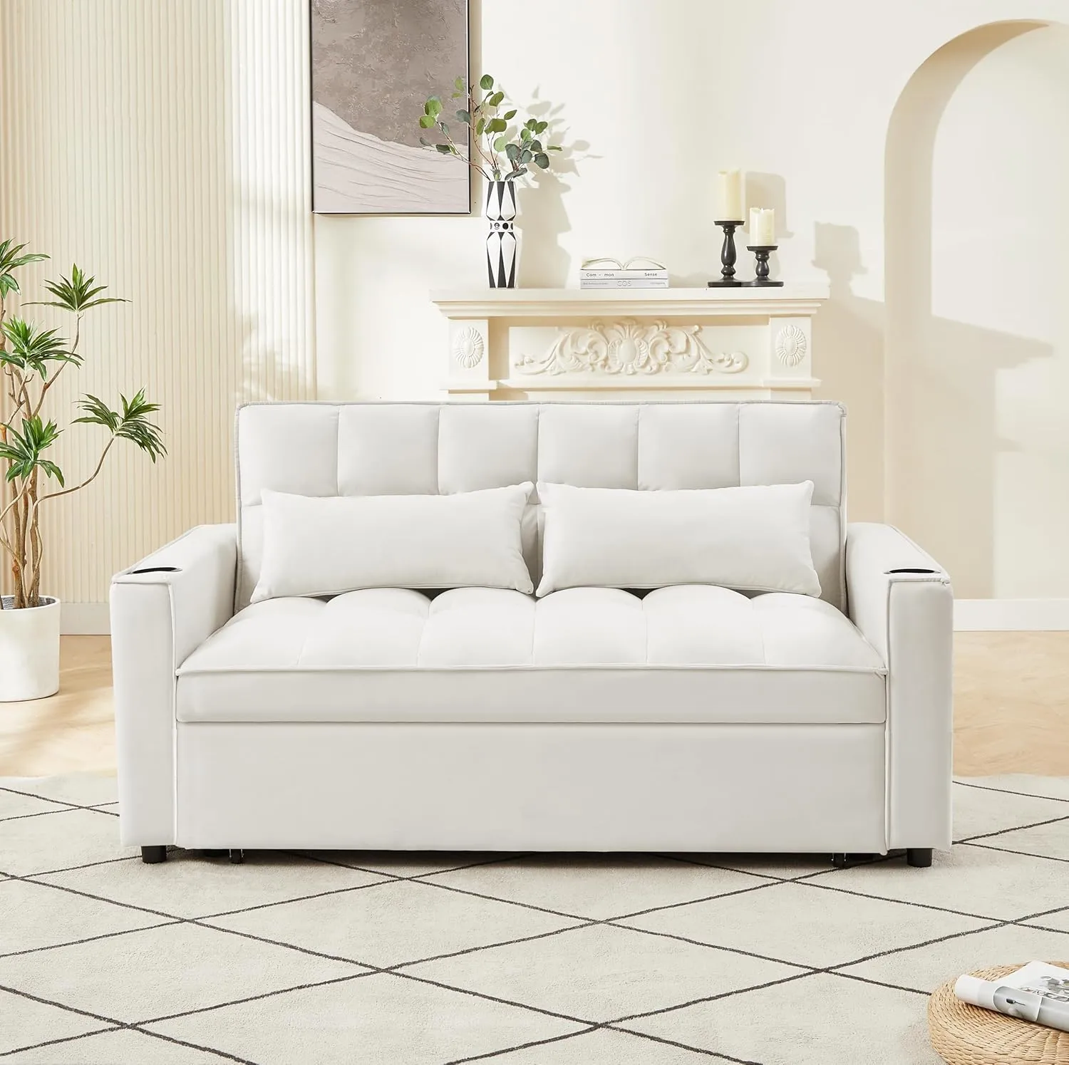 Upholstered 2 Seaters Futon Sofa Loveseat with Adjustable Backrest Convertible Sleeper Couch Bed for Small Space Apartment Office Living Room Velvet Full w/2 Cupholders and USB Port