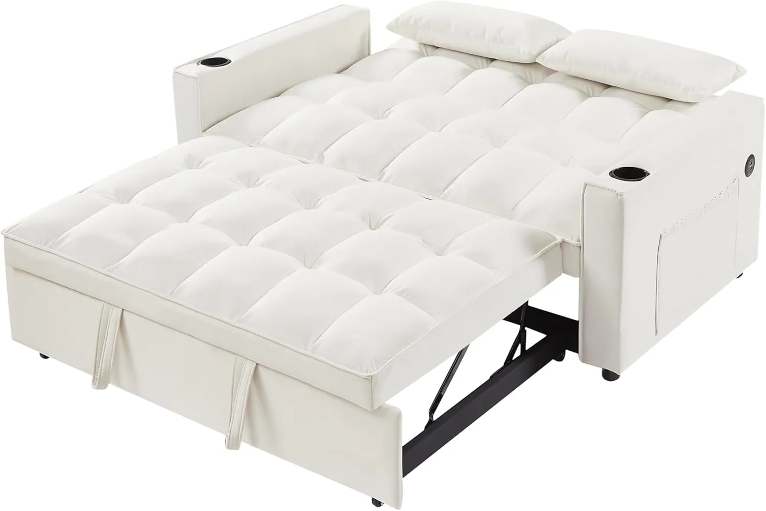Upholstered 2 Seaters Futon Sofa Loveseat with Adjustable Backrest Convertible Sleeper Couch Bed for Small Space Apartment Office Living Room Velvet Full w/2 Cupholders and USB Port