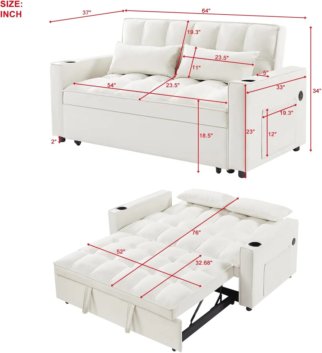 Upholstered 2 Seaters Futon Sofa Loveseat with Adjustable Backrest Convertible Sleeper Couch Bed for Small Space Apartment Office Living Room Velvet Full w/2 Cupholders and USB Port