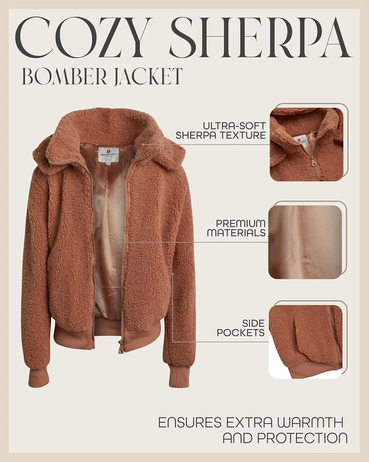 URBAN REPUBLIC Women's Sherpa Bomber Jacket - Fuzzy Warm Faux Fur Hooded Bomber Outdoor Jackets for Women (Sizes: S-XL)