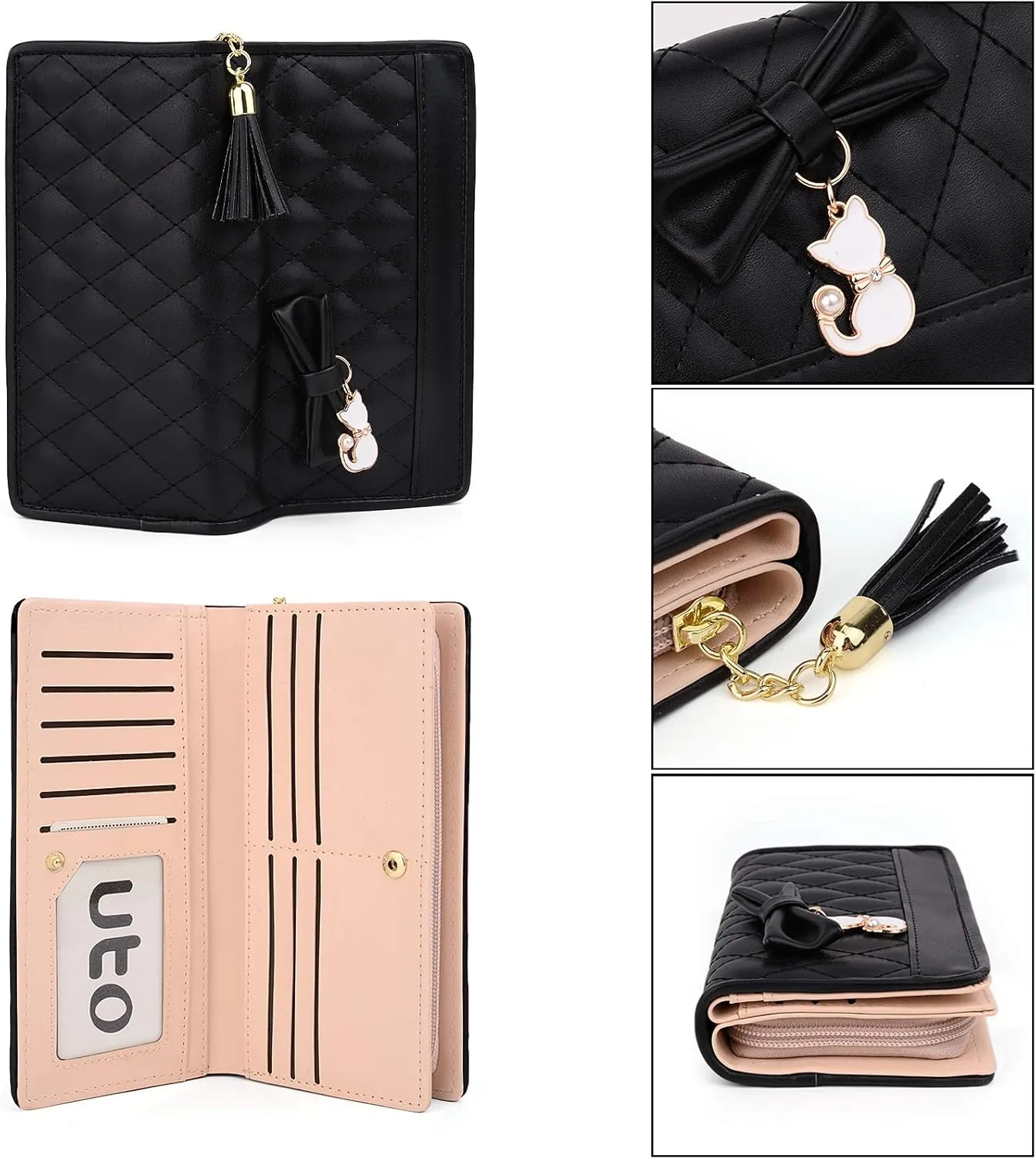 UTO Women PU Leather Wallet Large Capacity Cat Pendant Card Phone Holder Checkbook Organizer Zipper Coin Purse Zoey Black