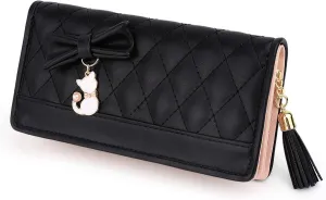 UTO Women PU Leather Wallet Large Capacity Cat Pendant Card Phone Holder Checkbook Organizer Zipper Coin Purse Zoey Black