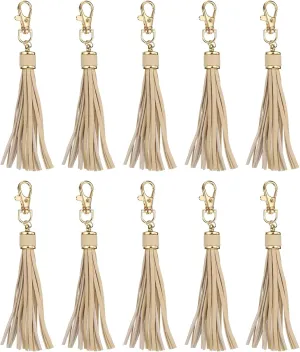 uxcell 10pcs PU Leather Tassels, 6 Inch Keychain Tassel Charm Tassel Purse Charm with Lobster Swivel for Jewelry Making, Handbag, DIY Crafts, Phone Straps (Beige)