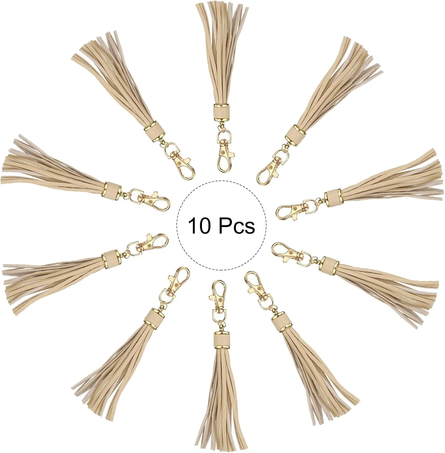 uxcell 10pcs PU Leather Tassels, 6 Inch Keychain Tassel Charm Tassel Purse Charm with Lobster Swivel for Jewelry Making, Handbag, DIY Crafts, Phone Straps (Beige)