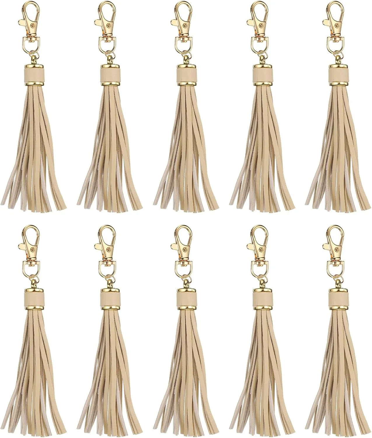 uxcell 10pcs PU Leather Tassels, 6 Inch Keychain Tassel Charm Tassel Purse Charm with Lobster Swivel for Jewelry Making, Handbag, DIY Crafts, Phone Straps (Beige)