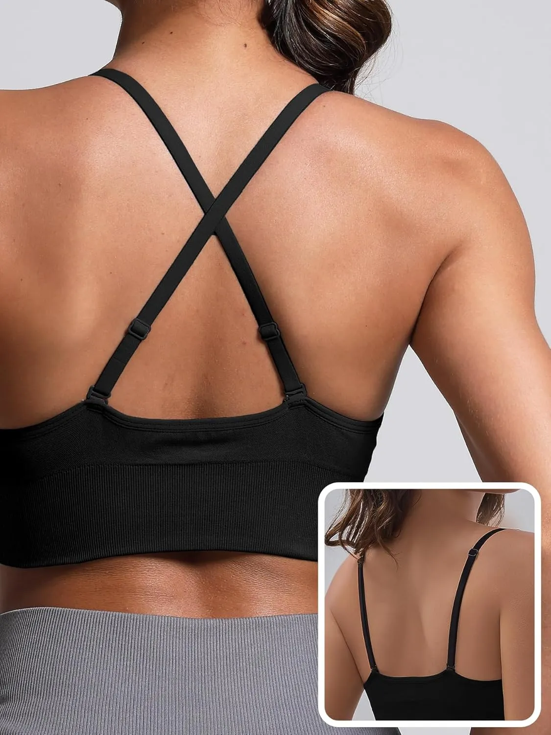 V Neck Adjustable Spaghetti Straps Sports Bra for Women, Padded Criss Cross Back Longline Yoga Bra Workout Crop Top Multipack