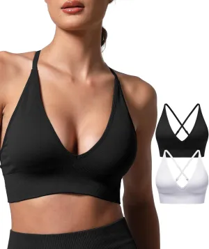 V Neck Adjustable Spaghetti Straps Sports Bra for Women, Padded Criss Cross Back Longline Yoga Bra Workout Crop Top Multipack
