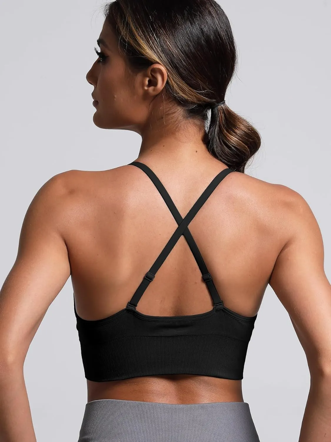V Neck Adjustable Spaghetti Straps Sports Bra for Women, Padded Criss Cross Back Longline Yoga Bra Workout Crop Top Multipack