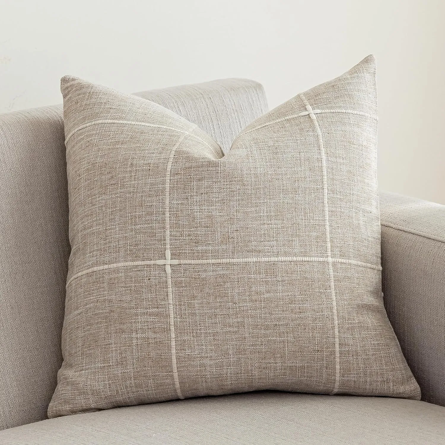vctops Rustic Lattice Cotton Linen Decorative Throw Pillow Cover Embroidery Square Cushion Cover Pillowcase for Sofa Bedroom Couch (Plaid Coffee, 24"x24")