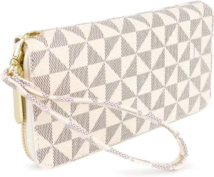 Veki Women's Wallet Double Zipper Pocket Wallets with Wrist Strap, Leather Credit Card Purse for Women Men (Monolayer-White)