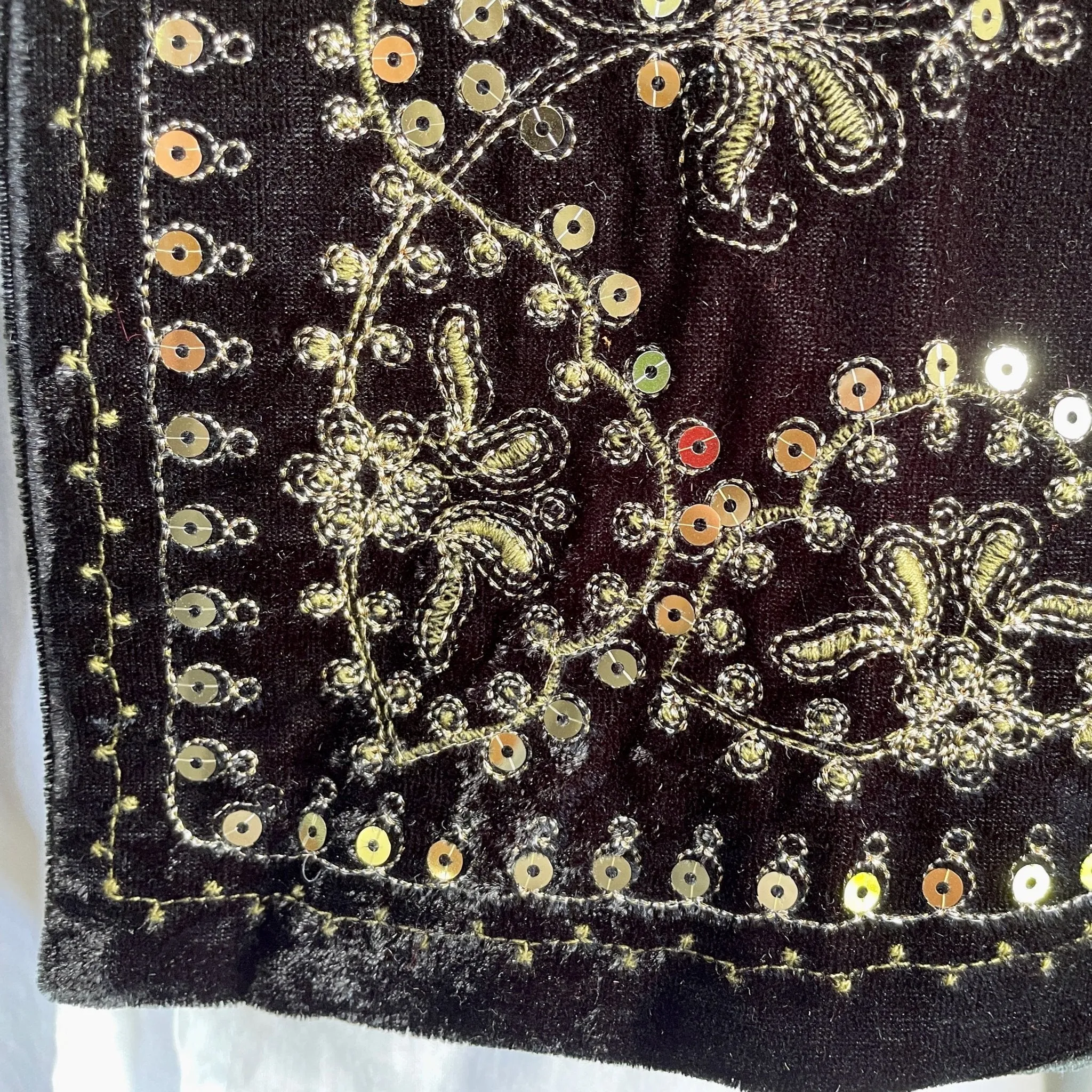 Velvet Bolero Vest Black Silver Floral Embroidery Sequins Gypsy Boho Womens Unisex Waistcoat Sz S - New