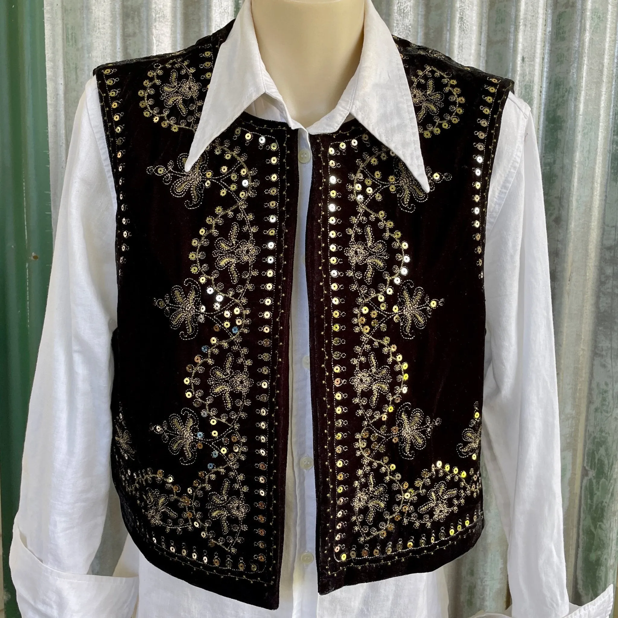 Velvet Bolero Vest Black Silver Floral Embroidery Sequins Gypsy Boho Womens Unisex Waistcoat Sz S - New
