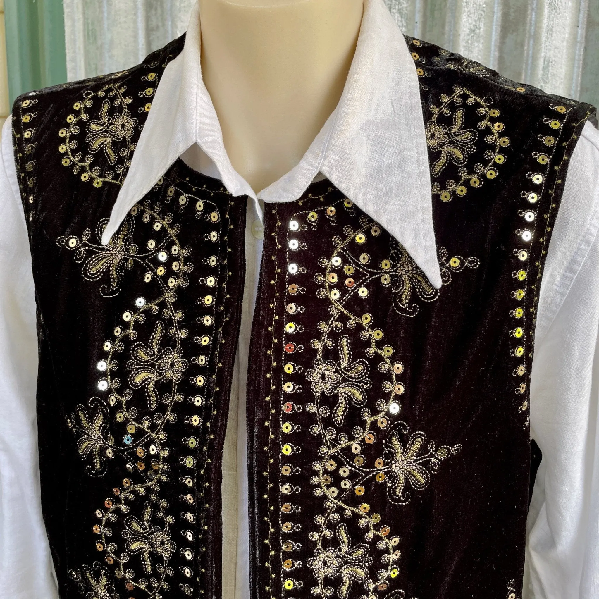 Velvet Bolero Vest Black Silver Floral Embroidery Sequins Gypsy Boho Womens Unisex Waistcoat Sz S - New