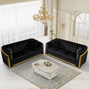 Velvet Chesterfield Sofa Set of 2, 81" Luxury Black and Gold Couch Comfy Vintage Victorian Couches with Tufted Back Gold Legs for Apartment, Black