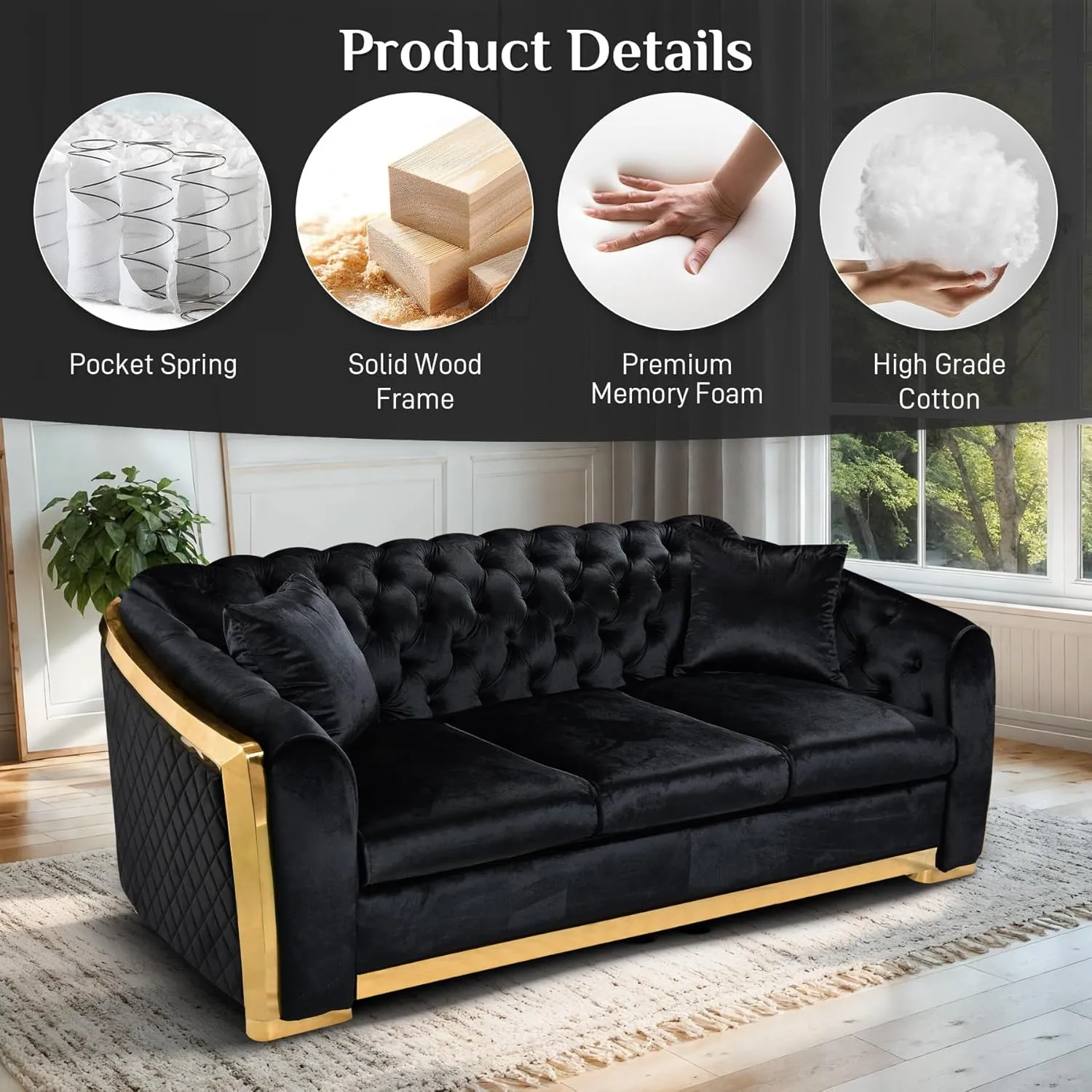 Velvet Chesterfield Sofa Set of 2, 81" Luxury Black and Gold Couch Comfy Vintage Victorian Couches with Tufted Back Gold Legs for Apartment, Black