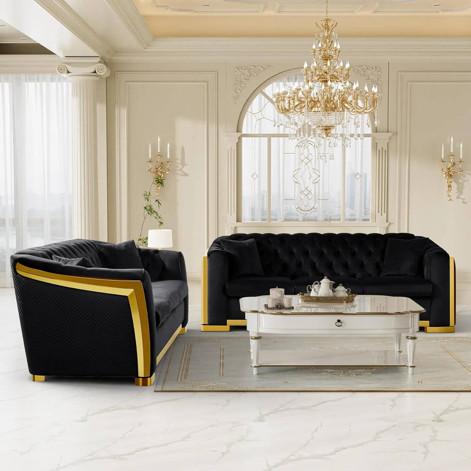 Velvet Chesterfield Sofa Set of 2, 81" Luxury Black and Gold Couch Comfy Vintage Victorian Couches with Tufted Back Gold Legs for Apartment, Black