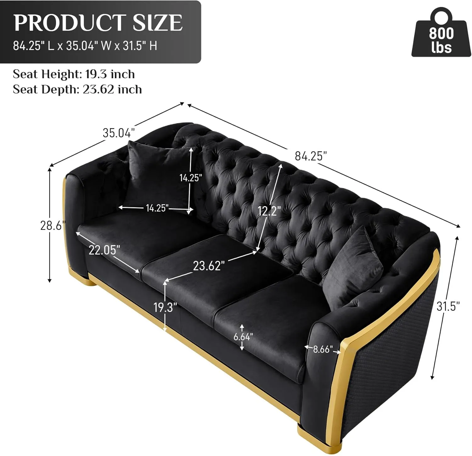 Velvet Chesterfield Sofa Set of 2, 81" Luxury Black and Gold Couch Comfy Vintage Victorian Couches with Tufted Back Gold Legs for Apartment, Black