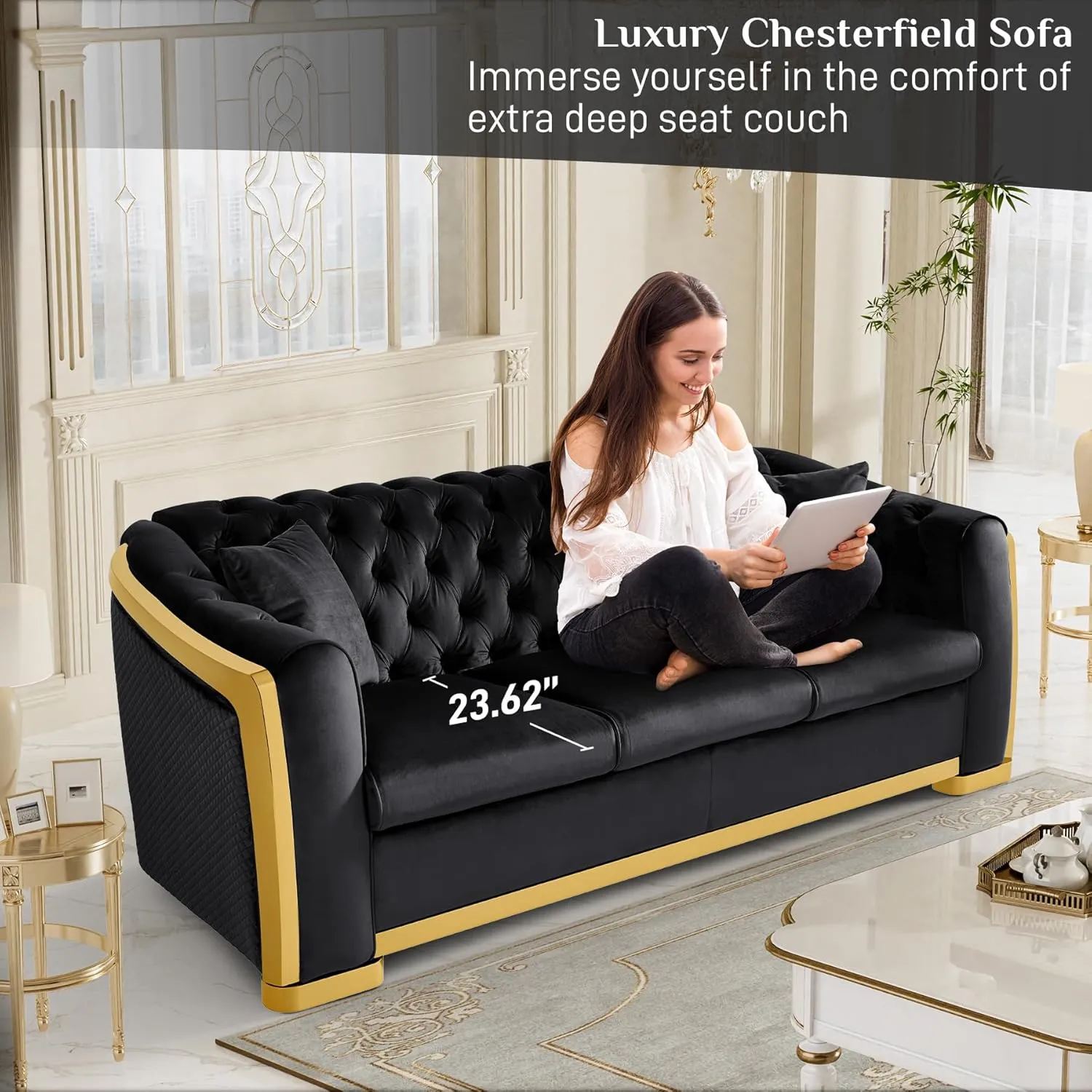 Velvet Chesterfield Sofa Set of 2, 81" Luxury Black and Gold Couch Comfy Vintage Victorian Couches with Tufted Back Gold Legs for Apartment, Black