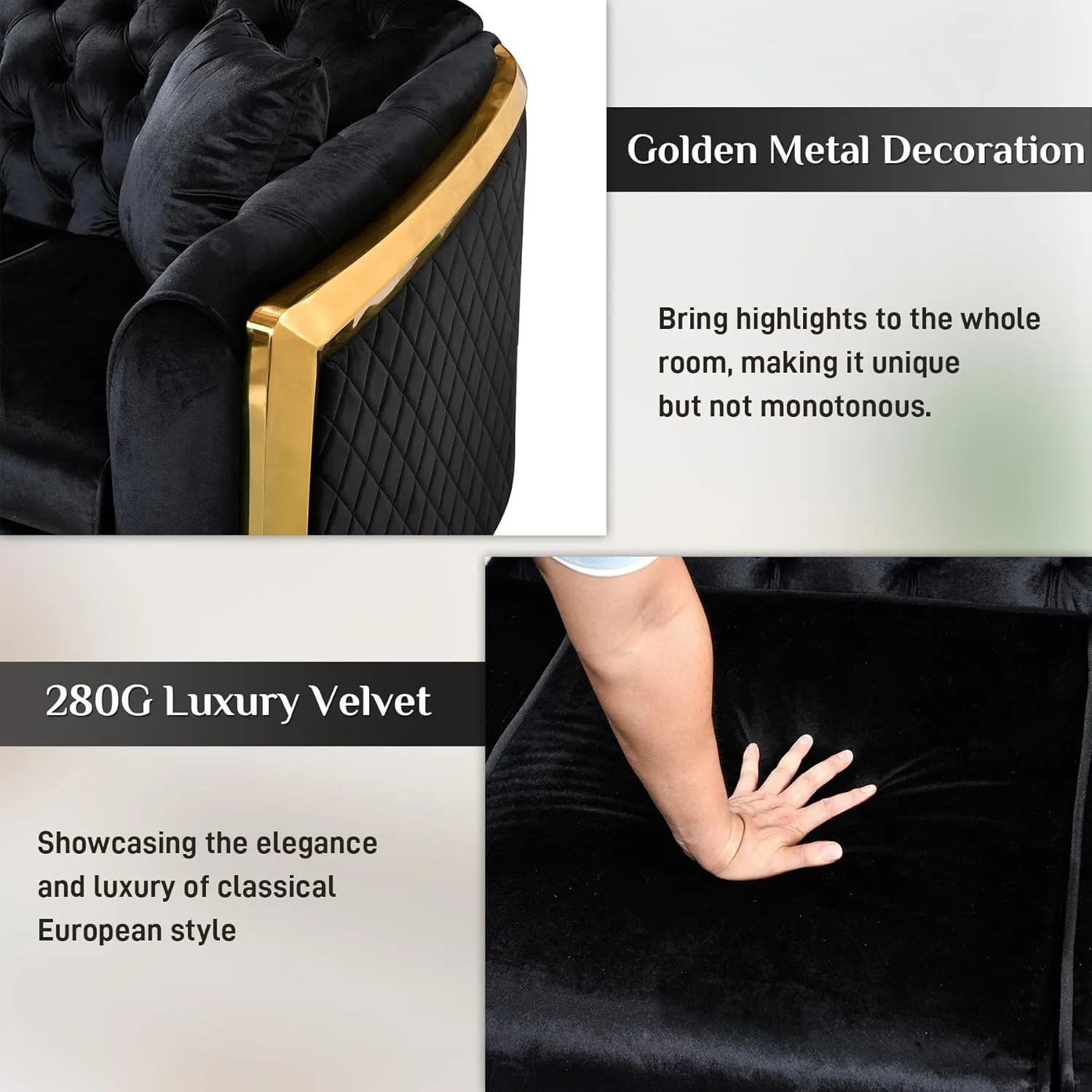 Velvet Chesterfield Sofa Set of 2, 81" Luxury Black and Gold Couch Comfy Vintage Victorian Couches with Tufted Back Gold Legs for Apartment, Black