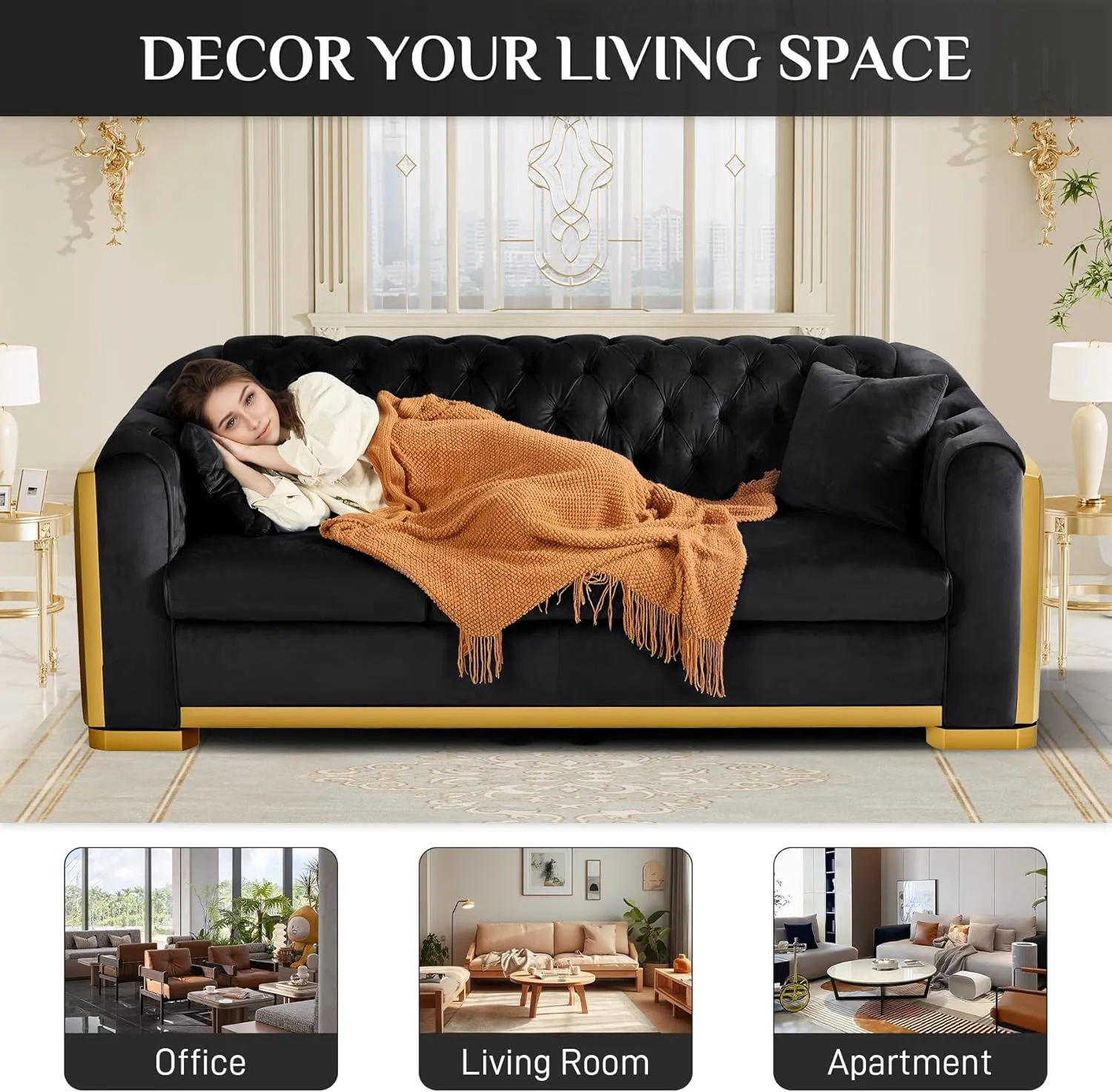 Velvet Chesterfield Sofa Set of 2, 81" Luxury Black and Gold Couch Comfy Vintage Victorian Couches with Tufted Back Gold Legs for Apartment, Black
