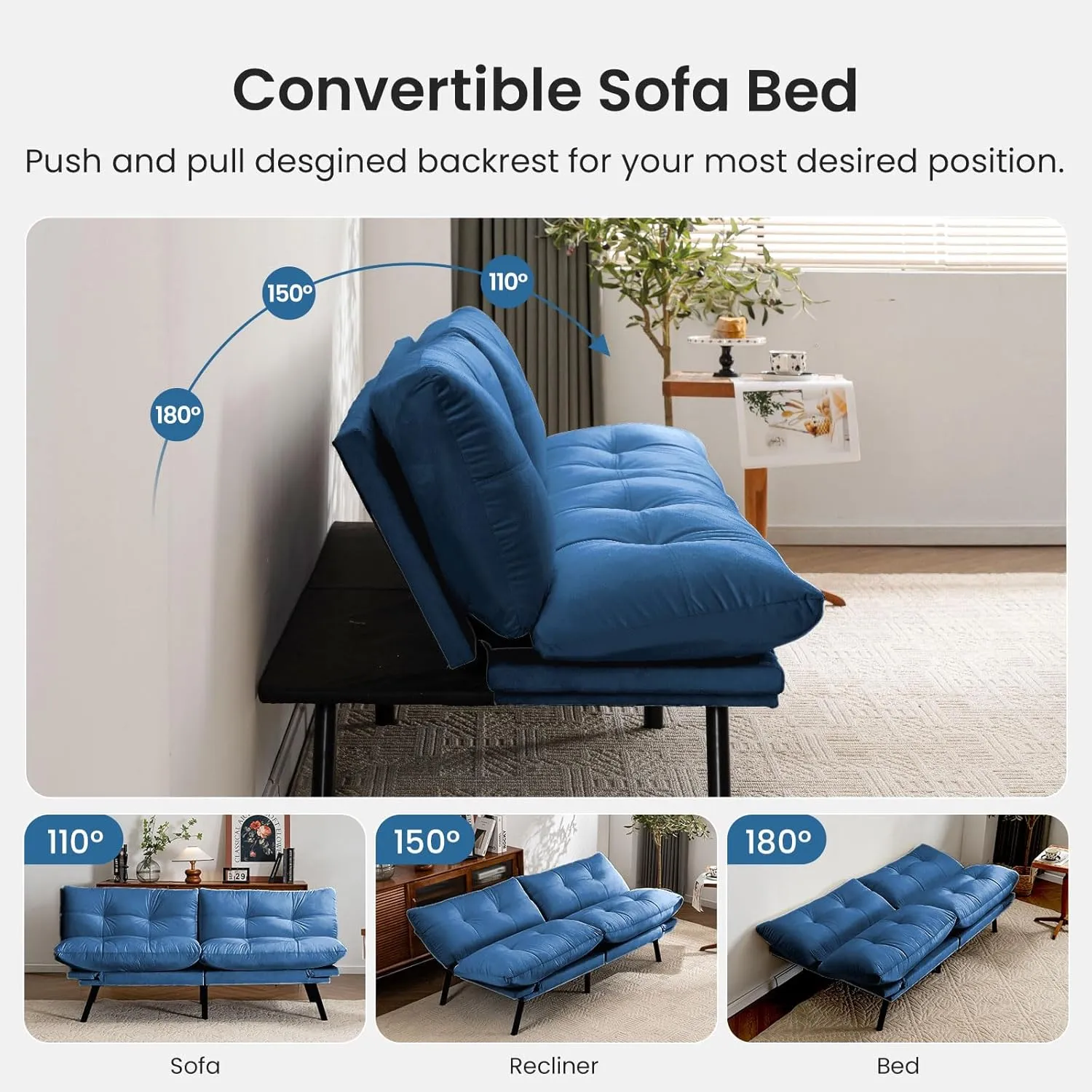 Velvet Convertible Futon Sofa Bed, 71" Cozy Loveseat Sleeper, Comfy 7" Thick Cushion Lounge Sofa Compact 2-Seater Futon Couch for Small Space Living Room Bedroom Dorm