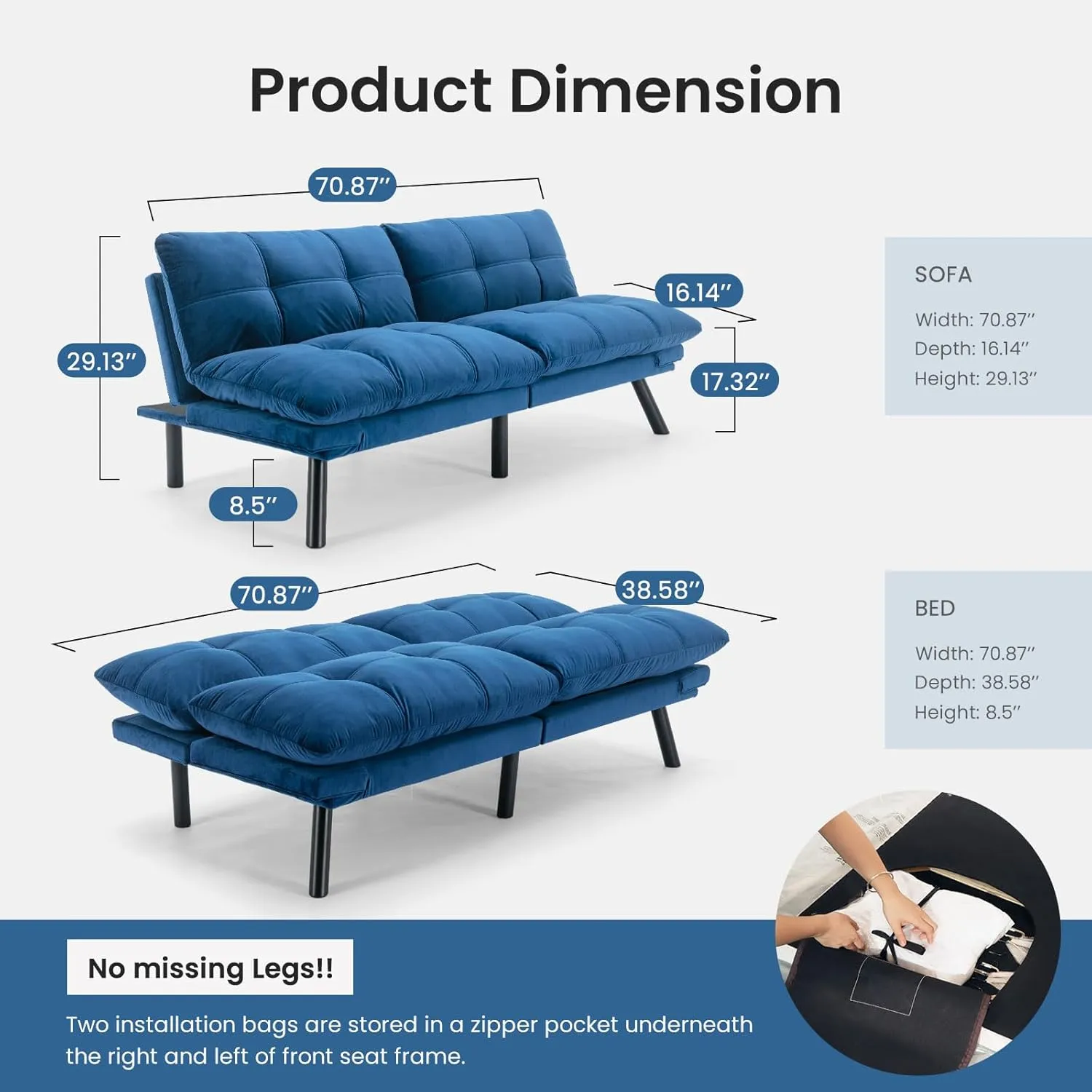 Velvet Convertible Futon Sofa Bed, 71" Cozy Loveseat Sleeper, Comfy 7" Thick Cushion Lounge Sofa Compact 2-Seater Futon Couch for Small Space Living Room Bedroom Dorm
