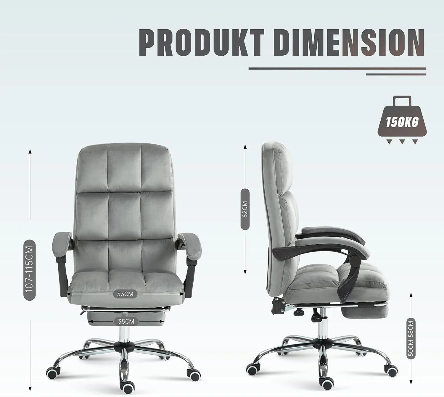 Velvet Desk Chair with Footrest, Ergonomic High Back Executive Office Chair, Comfortable Upholstered Fabric Home Vanity Chair, Grey