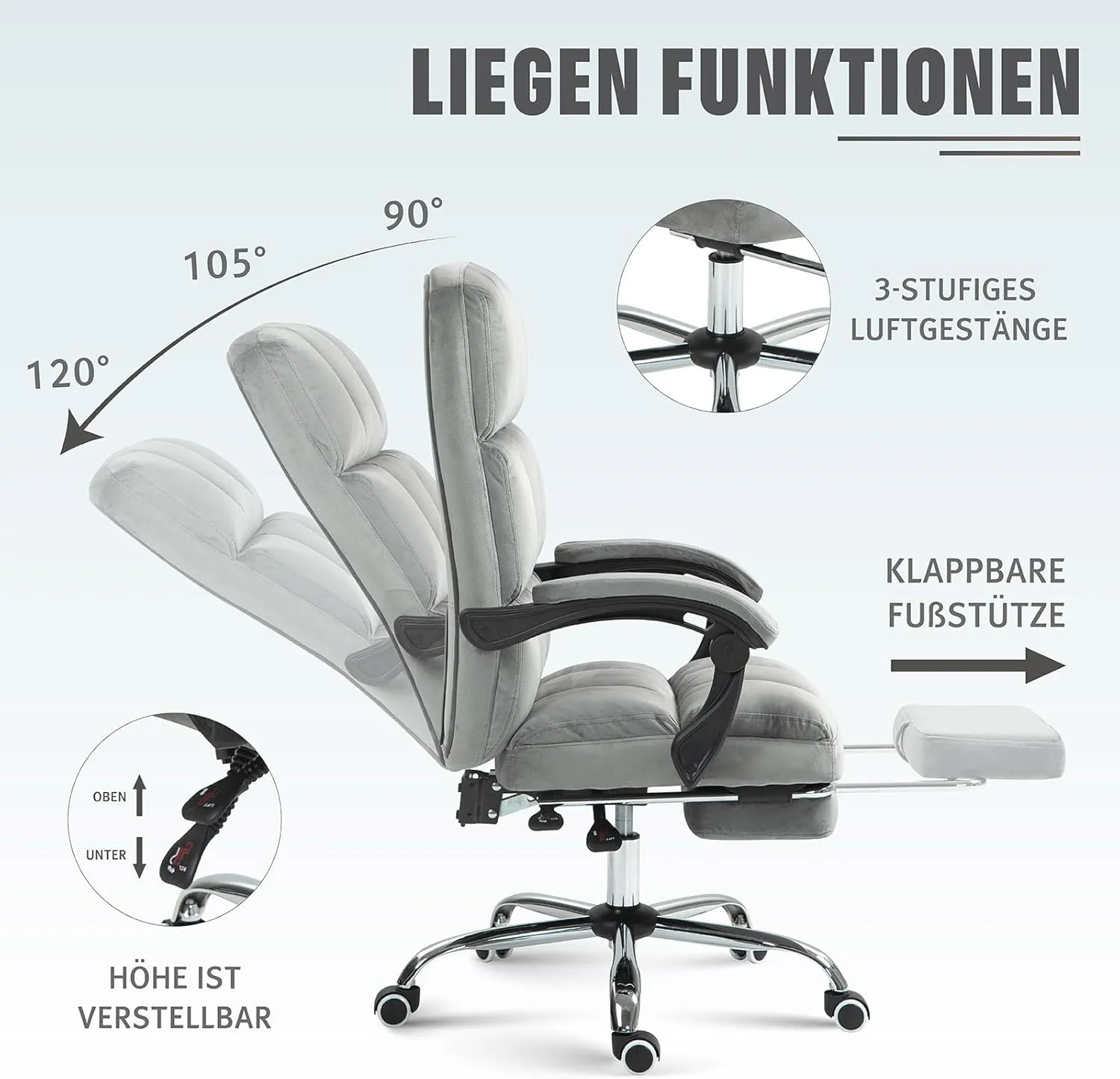Velvet Desk Chair with Footrest, Ergonomic High Back Executive Office Chair, Comfortable Upholstered Fabric Home Vanity Chair, Grey
