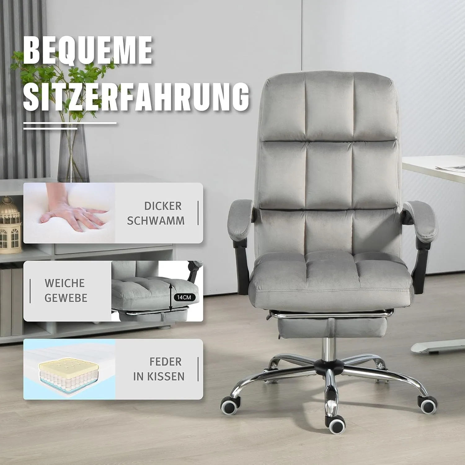 Velvet Desk Chair with Footrest, Ergonomic High Back Executive Office Chair, Comfortable Upholstered Fabric Home Vanity Chair, Grey