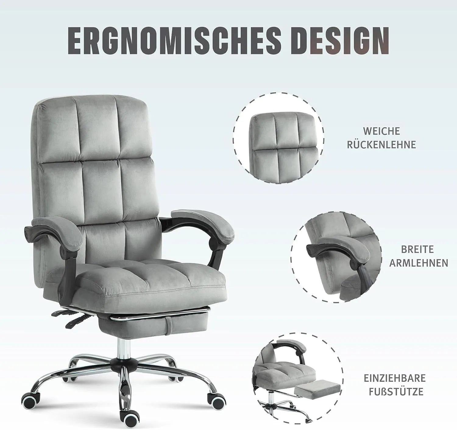 Velvet Desk Chair with Footrest, Ergonomic High Back Executive Office Chair, Comfortable Upholstered Fabric Home Vanity Chair, Grey
