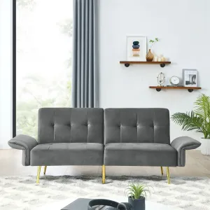 Velvet Futon Sofa Bed – Adjustable Backrest and Armrest Sleeper (Gray)