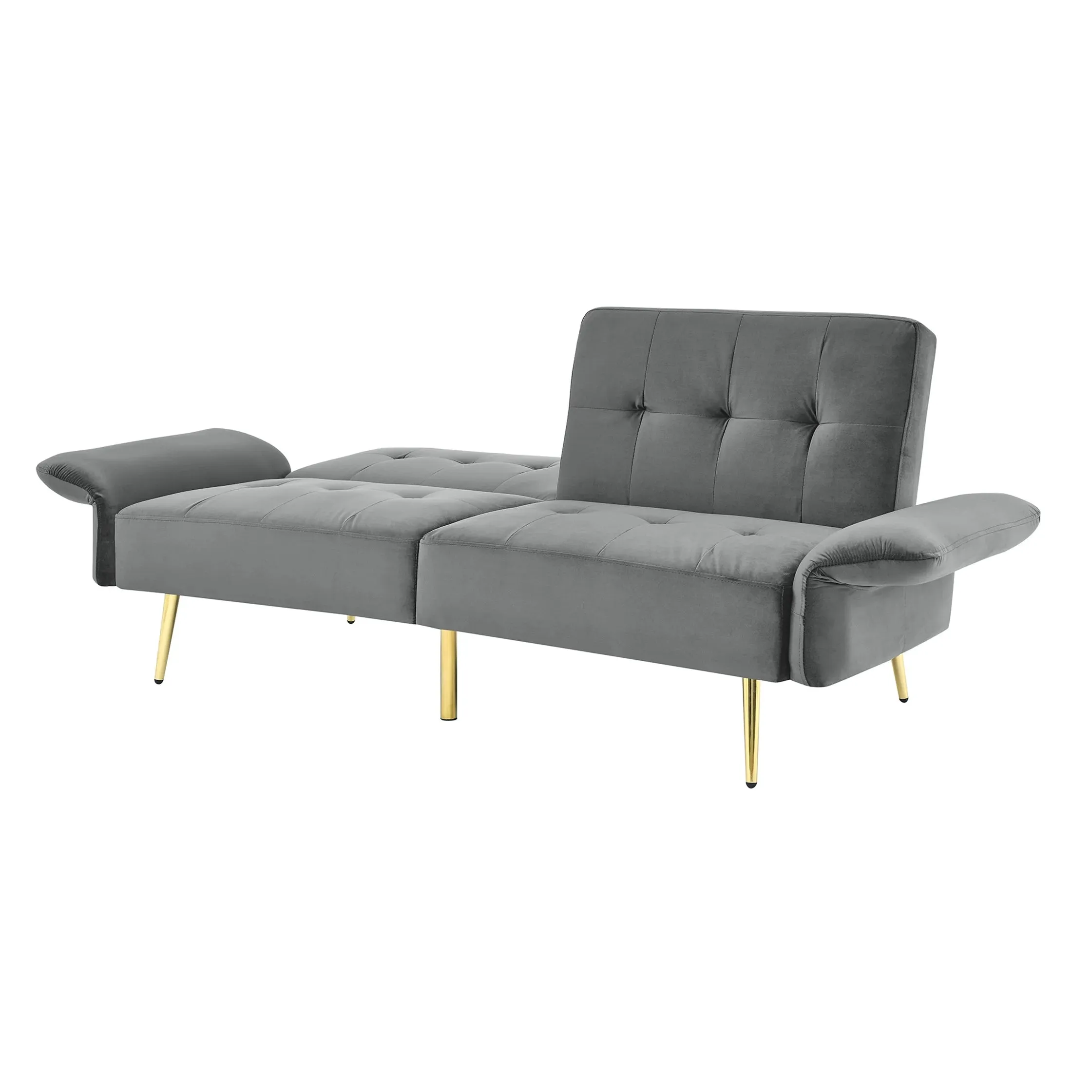 Velvet Futon Sofa Bed – Adjustable Backrest and Armrest Sleeper (Gray)