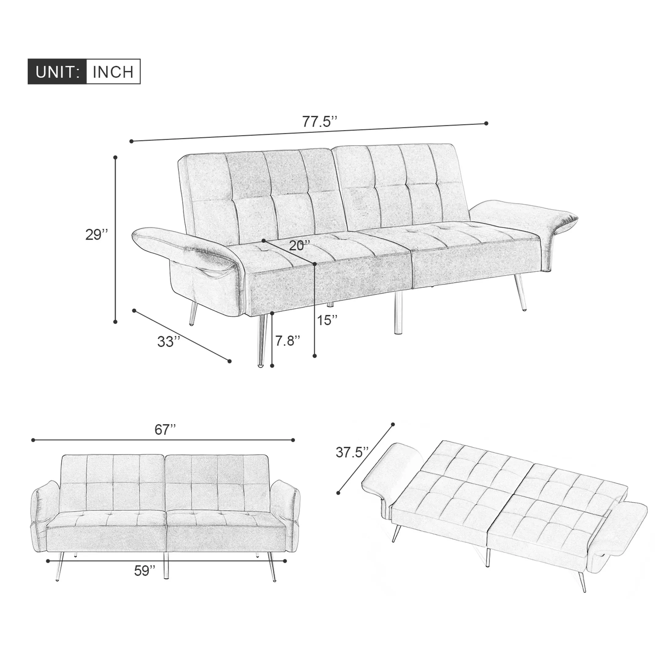 Velvet Futon Sofa Bed – Adjustable Backrest and Armrest Sleeper (Gray)