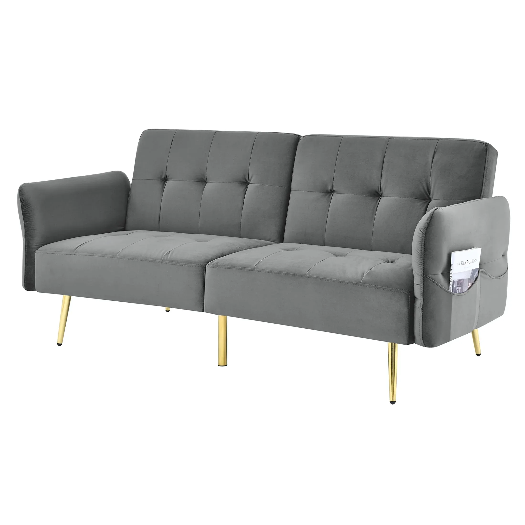 Velvet Futon Sofa Bed – Adjustable Backrest and Armrest Sleeper (Gray)