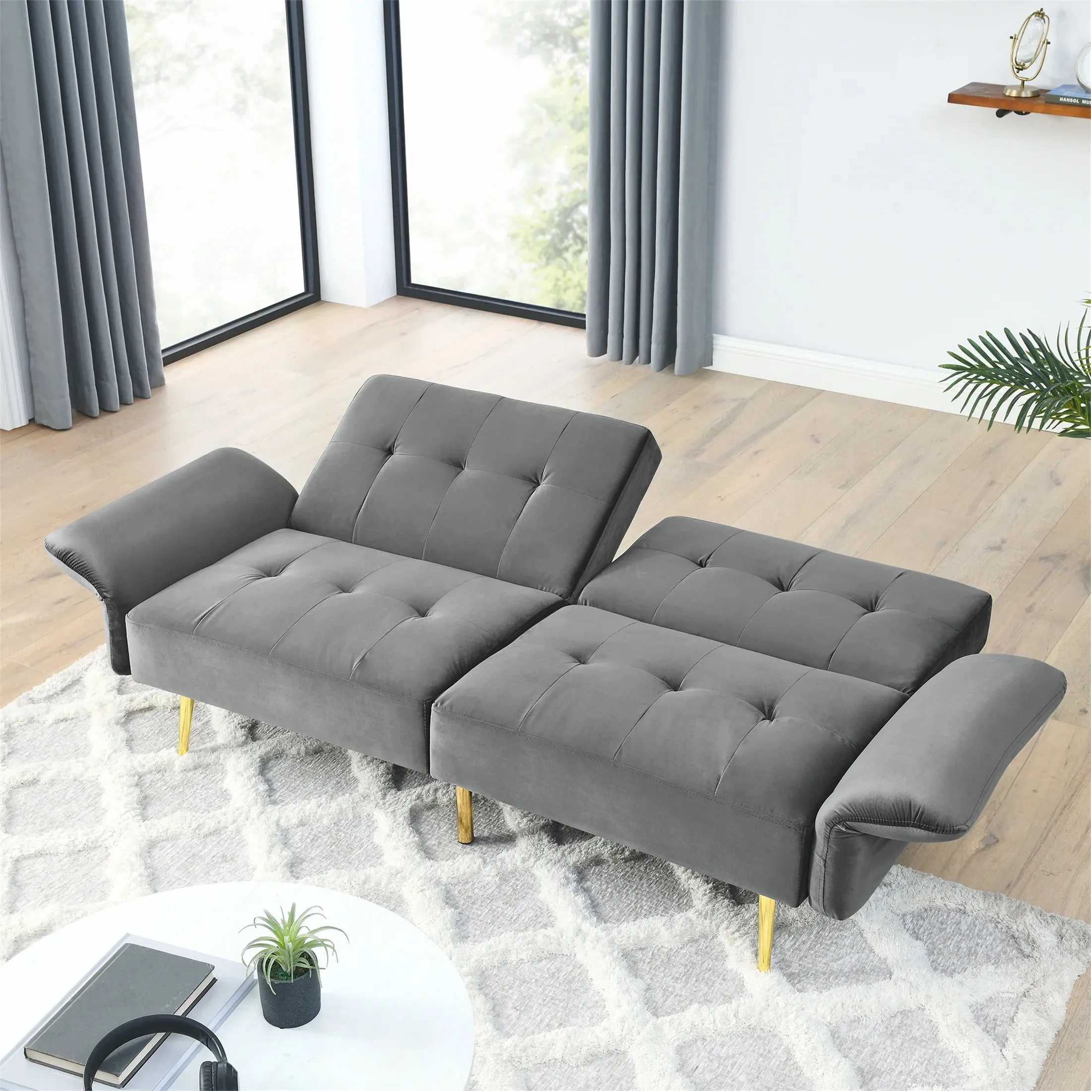 Velvet Futon Sofa Bed – Adjustable Backrest and Armrest Sleeper (Gray)