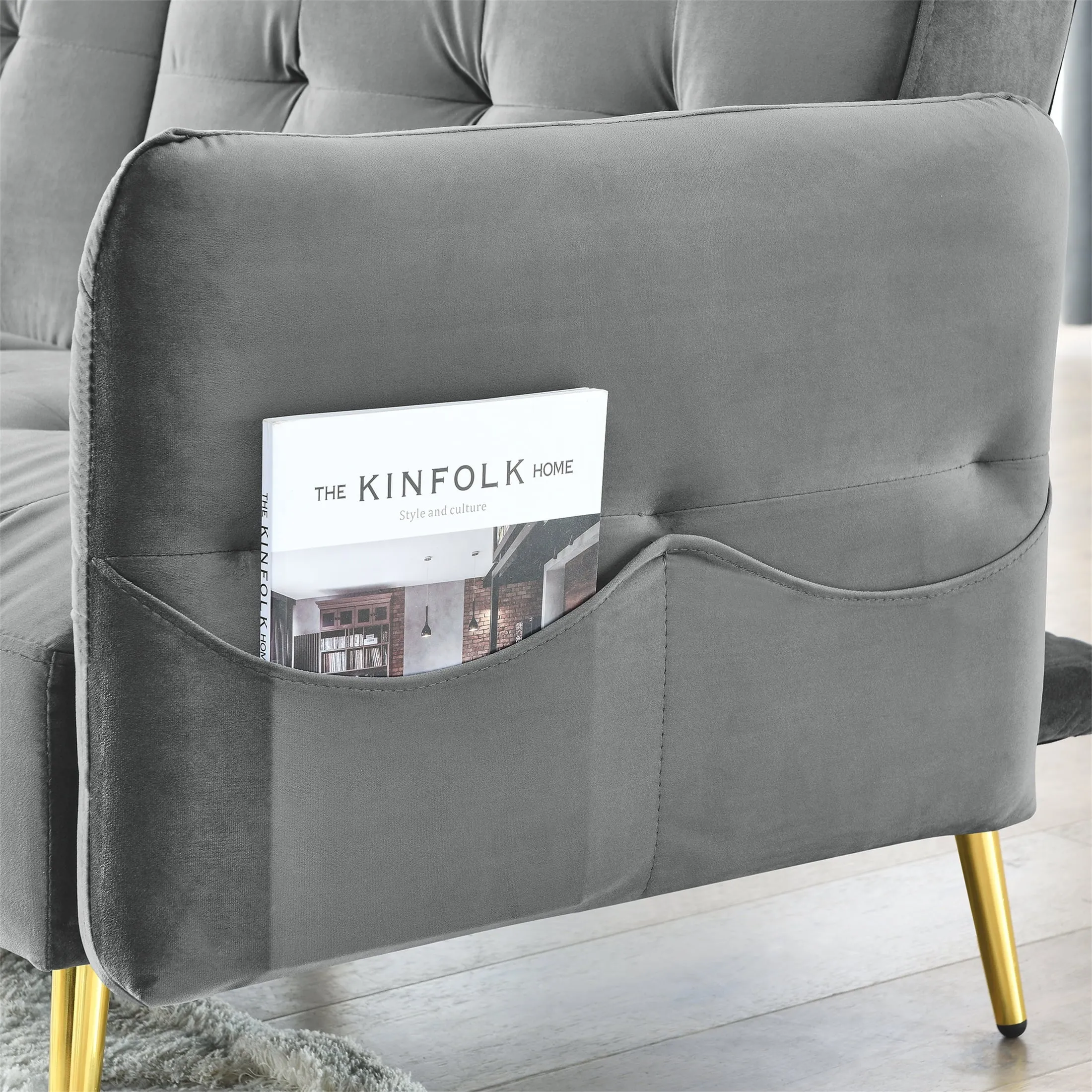 Velvet Futon Sofa Bed – Adjustable Backrest and Armrest Sleeper (Gray)