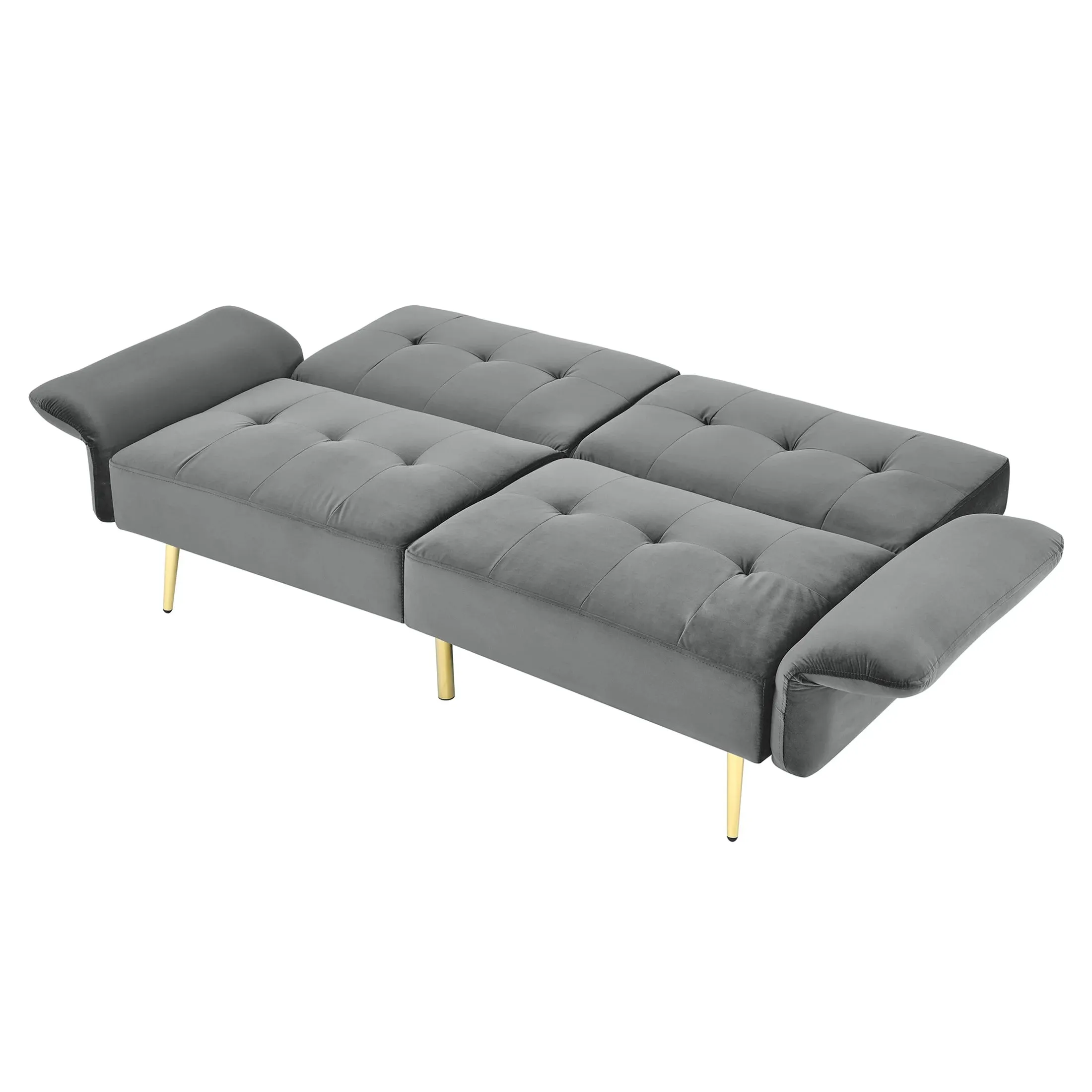 Velvet Futon Sofa Bed – Adjustable Backrest and Armrest Sleeper (Gray)