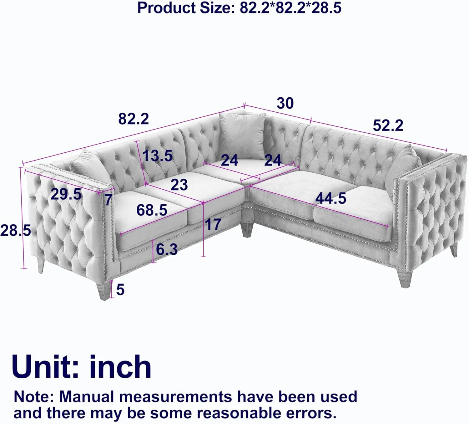 Velvet Sectional Sofa L-Shaped Couch with 3 Pillows, Modern Upholstered Corner Sofa Couch with Button Tufted and Nailhead Trim, 5-Seater Chesterfield Sofa for Living Room Bedroom Apartment, Beige