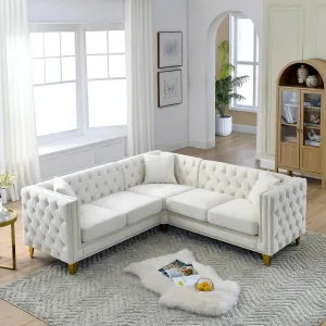 Velvet Sectional Sofa L-Shaped Couch with 3 Pillows, Modern Upholstered Corner Sofa Couch with Button Tufted and Nailhead Trim, 5-Seater Chesterfield Sofa for Living Room Bedroom Apartment, Beige
