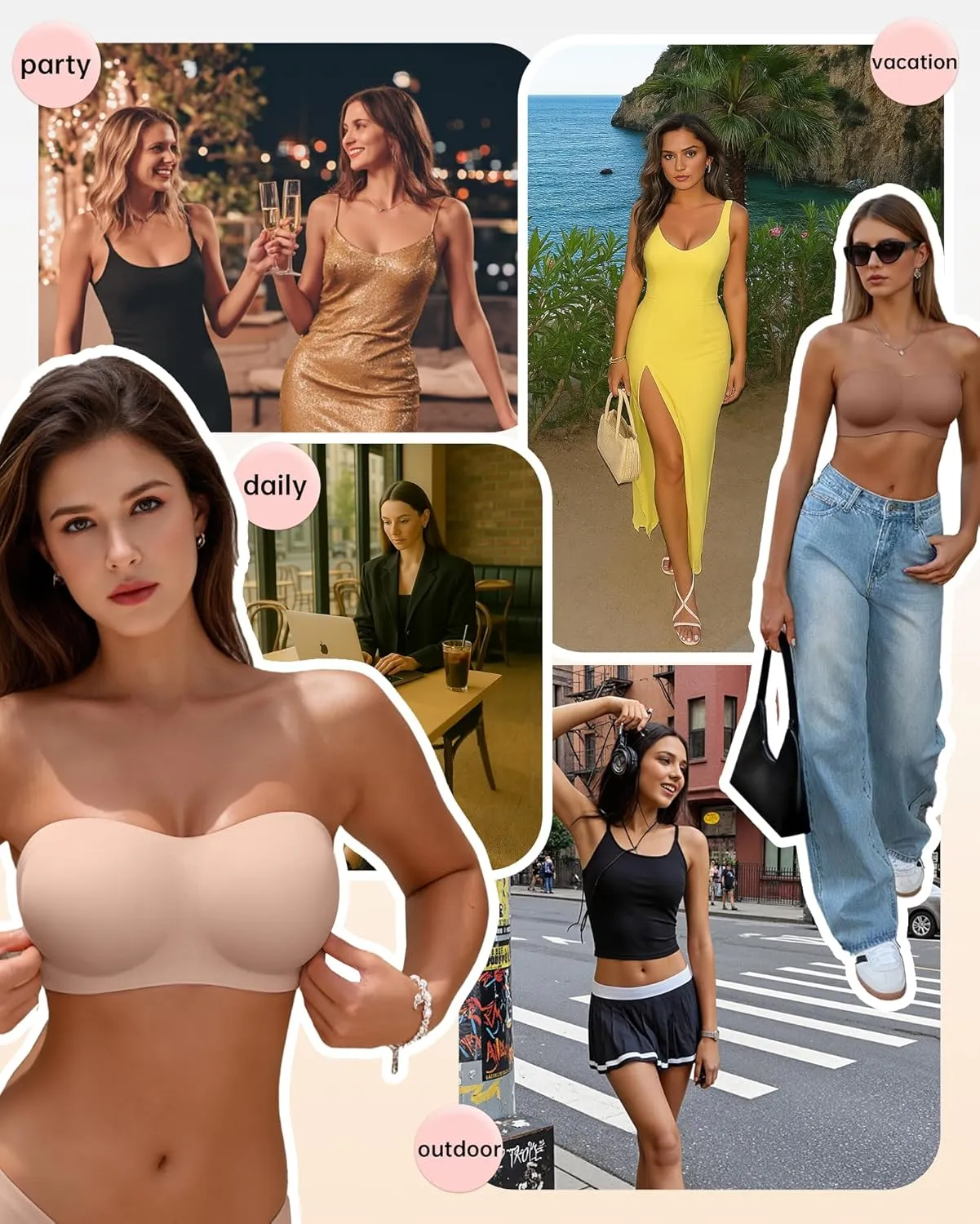 Vertvie Women's Wireless Strapless Bra Seamless Padded Bandeau Bra Non-Slip Silicone Tube Top Push Up Convertible Bralette