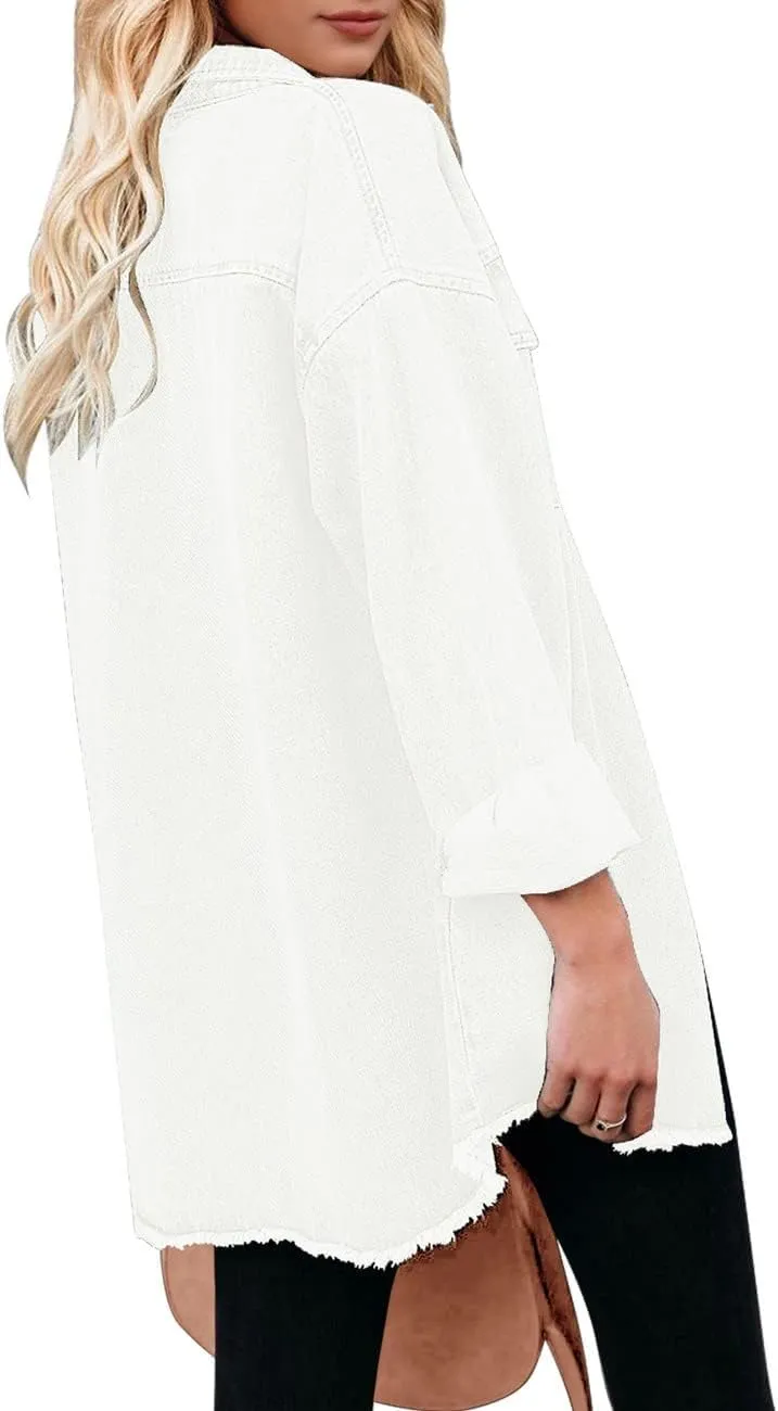 Vetinee Women’s Oversized Button Up Frayed Hem Shacket Long Sleeve Pockets Denim Jean Jacket