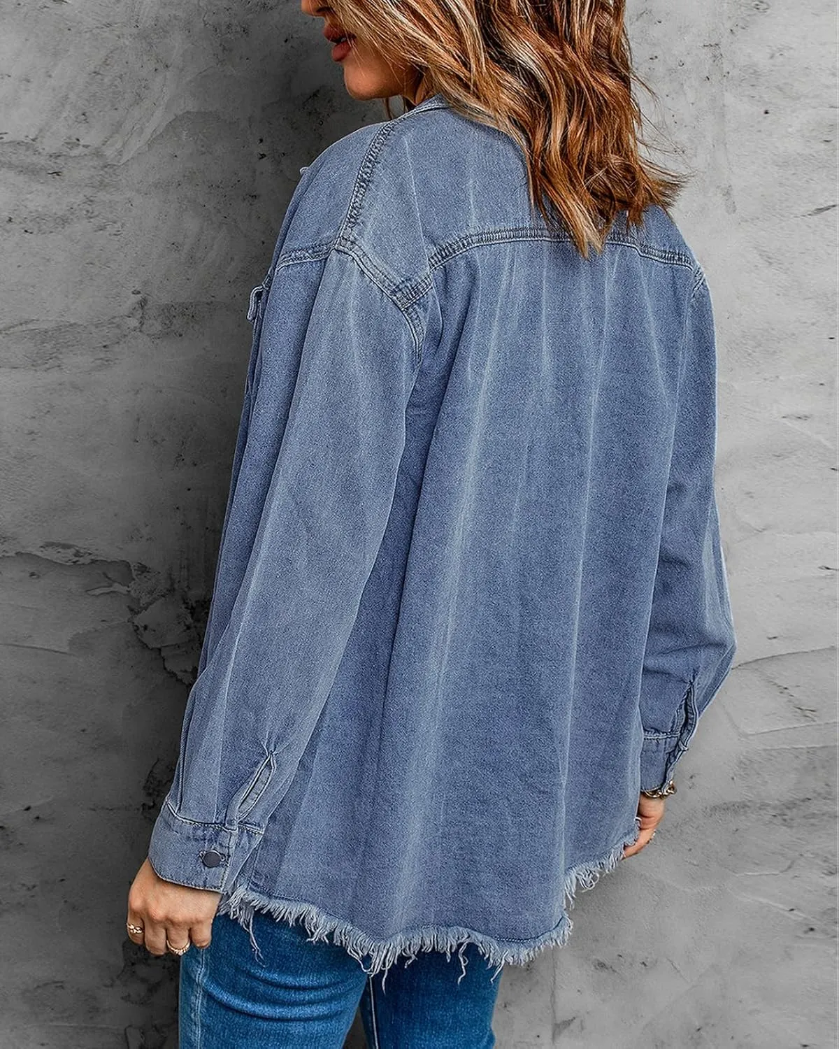 Vetinee Women’s Oversized Button Up Frayed Hem Shacket Long Sleeve Pockets Denim Jean Jacket