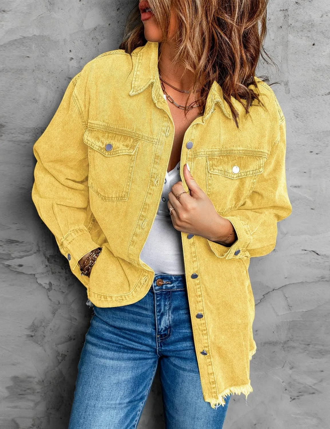 Vetinee Women’s Oversized Button Up Frayed Hem Shacket Long Sleeve Pockets Denim Jean Jacket